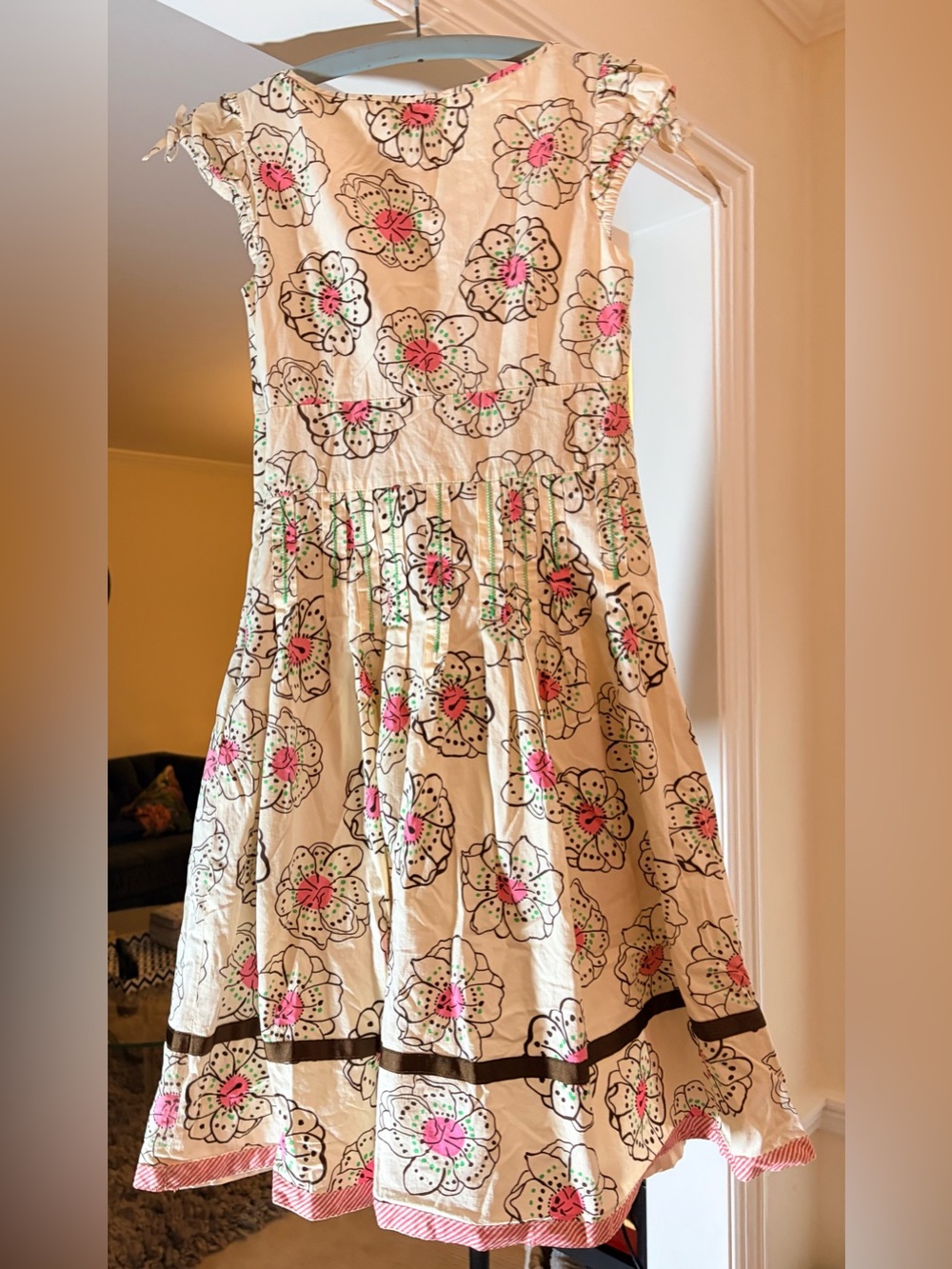 Girls Cream Floral Cotton Dress with Pink & Green Accents